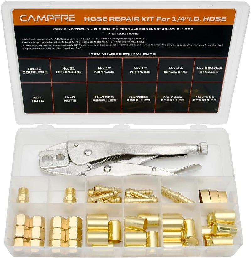 Campfire RK-26 1/4" Hose Repair Kit With C-5 Crimping Tool, Compatible With CK24 And WM24, Air Hose Repair Kit Includes B Size Fittings For 3/16" And 1/4" Id Hoses - Image 1